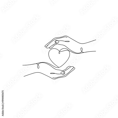 Continuous one line drawing of two hands protecting a heart shape symbol representing care love insurance and support for medical or charity concept