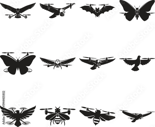 Collection of drone designs shaped like various animals and insects in black silhouettes on a white background, showcasing innovative aerial concepts.