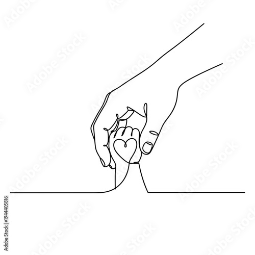 Adult hand holding a baby small hand with a heart symbol continuous one line drawing representing parenthood family love protection and caring support