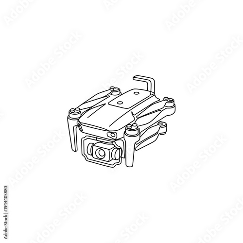 Perspective view of a modern compact drone quadcopter with camera gimbal in a simple continuous black line drawing style for photography and technology themes.