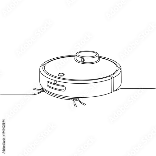 Smart robotic vacuum cleaner cleaning the floor shown in a minimalist continuous black line art style for home automation and smart appliance design concepts.