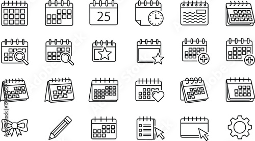 Calendar schedule planner line icons set featuring date reminder organizer event planning time management minimal vector collection modern