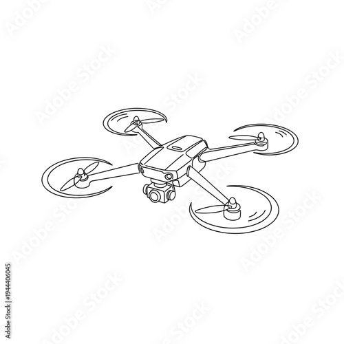 Detailed continuous line drawing of a quadcopter drone with camera, representing modern aerial photography, remote control technology, and surveillance tools.