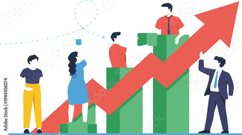 Business growth teamwork concept vector illustration with people building rising chart representing success financial progress and collaboration