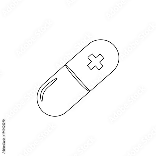 Minimalist single line art of a medical capsule pill with cross symbol icon for healthcare pharmacy pharmaceutical industry and wellness medicine concept
