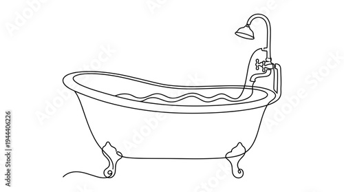 Classic clawfoot bathtub with shower head and running water in continuous one line drawing style isolated on white background for bathroom interior and spa