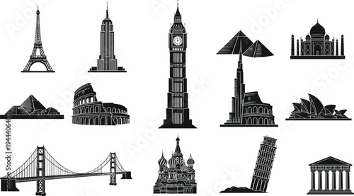 World landmark silhouette illustration set, iconic architecture artwork, global monument vector design, bold graphic icon, black white cultural symbol