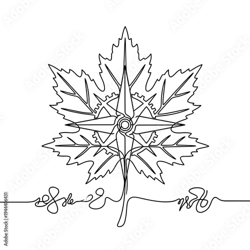 Abstract continuous line drawing combining a maple leaf and a wind rose compass, creative nature exploration and outdoor adventure concept vector illustration