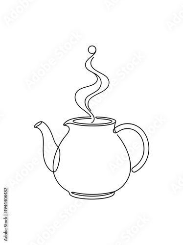 Minimalist continuous line drawing of a steaming teapot, elegant hot beverage pot illustration for tea house, breakfast, relaxation, and cafe culture design