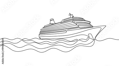 Large cruise ship sailing on ocean waves continuous one line drawing, minimalist maritime transport vector illustration for luxury travel and vacation.