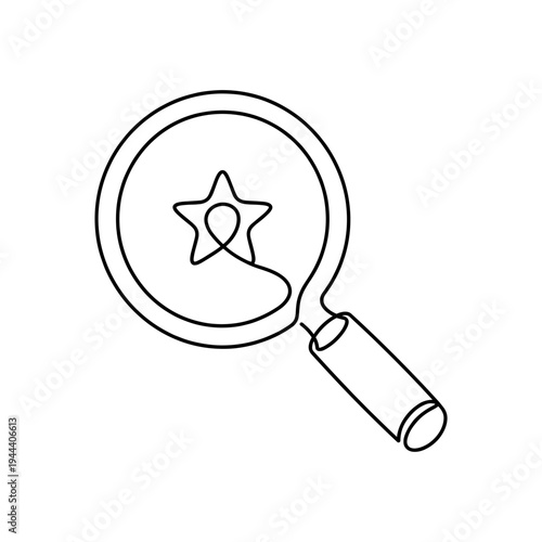 Search and discovery concept with magnifying glass and star continuous one line drawing, minimalist business icon vector for review and rating analysis.