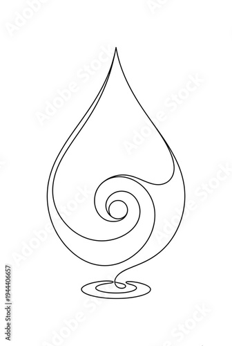 Minimalist continuous one line drawing of water drop with internal spiral wave motion symbol for purity liquid and environment concept vector illustration