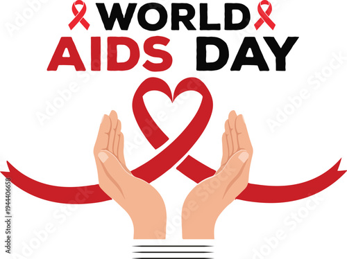 World AIDS Day awareness illustration with red ribbon and hands
