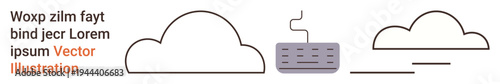 Cloud computing, technology ecosystems, digital storage, data management, internet services, cybersecurity. Minimal cloud shapes and a server-thumbs up icon. Cloud computing and digital storage