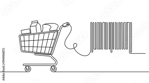 Continuous line drawing of a shopping cart filled with groceries connected to a barcode representing retail commerce consumerism and digital economy system