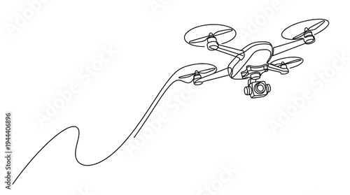 Minimalist continuous line art of a flying camera drone with remote control path representing modern aerial photography technology and surveillance equipment