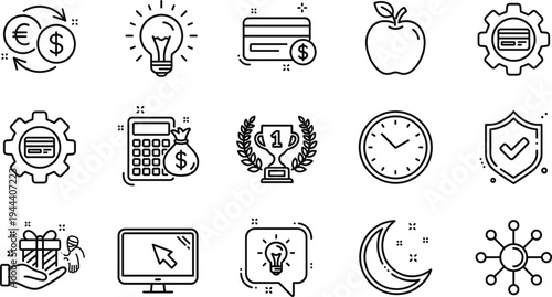 Business and Productivity Outline Icon Set with Currency Exchange, Idea Lightbulb, Credit Card Payment, Apple, Calculator, Trophy Award, Clock, Security Shield and Network Symbols