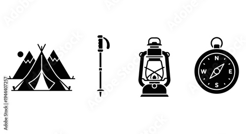 Camping Exploration Adventure Icons Set.