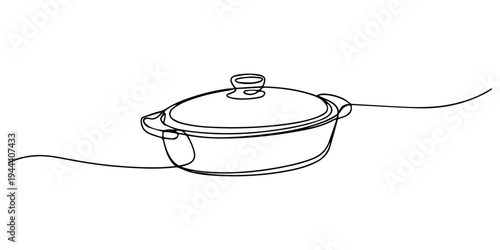 ceramic casserole dish with lid continuous line drawing, Minimalist Line Drawing Cooking Pot with Lid and Handles Illustration, ceramic casserole dish with glass lid on transparent background, vector.