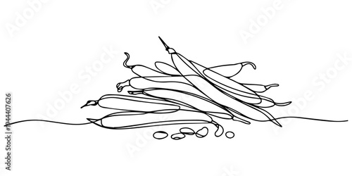 pile of raw string beans and seeds continuous one line drawing, Single continuous line drawing of whole healthy organic green pea for cooking logo identity. Fresh small spherical seed concept vegetabl
