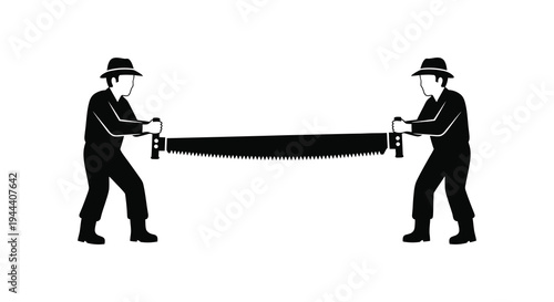 Two lumberjacks collaboratively operate a large two person saw depicted in a striking black silhouette high quality professional detailed modern elegant stylish