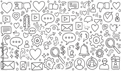 Social media marketing and digital communication network symbols with business technology bubbles and internet community symbols hand drawn vector illustration doodle art