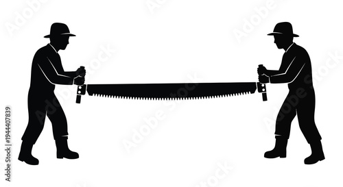 Two lumberjacks collaboratively using a two person crosscut saw depicted in a stark black silhouette high quality professional detailed modern elegant stylish