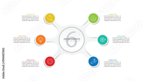 Modern infographic template. Creative circle element design with marketing icons. Business concept with 6 options, steps, sections.