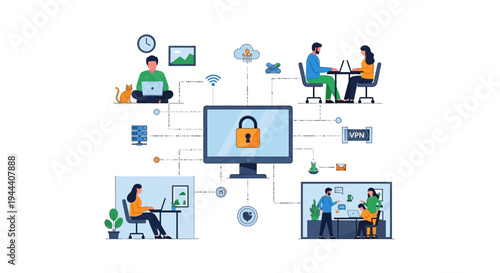 Secure Remote Work Network & Cybersecurity Concept. VPN, Cloud, Data Protection for Global Connectivity & Digital Lifestyle.