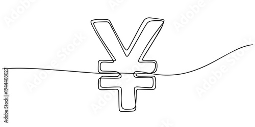 Continuous line drawing of yen symbol currency. Line art of japanese yen sign. One line drawing background. Vector illustration, The yen or yuan sign is drawn with one continuous line isolated on pro.