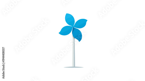 A cartoon representation of a wind turbine, featuring four blue blades on a gray pole against white