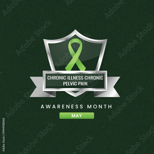 3D illustration for Chronic Pelvic Pain Awareness Month in May. Light green ribbon on a silver shield over a dark green pattern background. Vector medical concept.