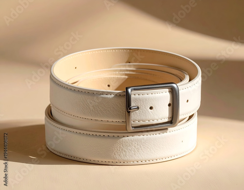 Cream-colored leather belt with a silver buckle, neatly rolled
