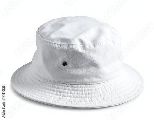 A white canvas bucket hat with a dark eyelet and brim