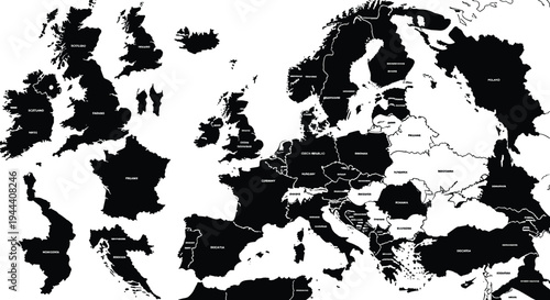 Black and white political map of Europe with country borders, minimalist monochrome continental outline illustration for geography, travel, atlas and infographic design