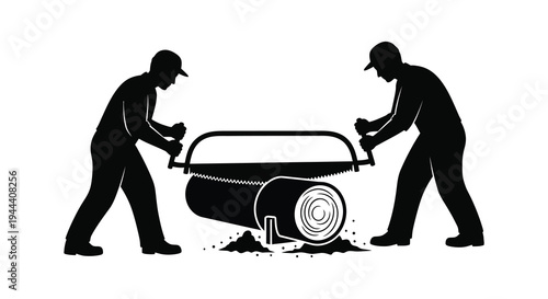 Two lumberjacks cooperatively saw a large log with a two man saw depicted in stark silhouette high quality professional detailed modern elegant