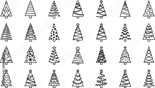 Christmas tree line icons set featuring decorated pine trees festive holiday symbols minimal vector collection modern seasonal design pack