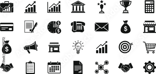 Business and finance icon set with banking, charts, target, handshake, shopping cart and marketing symbols isolated vector illustration collection