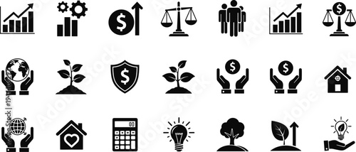 Business finance and sustainability icon set with charts, investment, balance scales, growth plants and innovation symbols isolated vector illustration