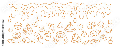 Sweet bakery cake simple one line illustration with chocolate cream layers. Hand drawn dessert icon perfect for confectionery menu, cafe logo or food product packaging. Editable vector stroke