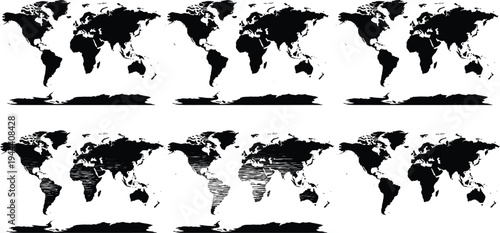 Collection of black and white world map silhouettes with different styles and textures, global continent outline set for geography design projects