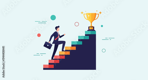 A businessman ascends a staircase towards a golden trophy representing success and achievement in a striking silhouette high quality professional detailed