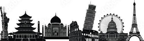 Famous world landmarks skyline silhouette including Eiffel Tower, Taj Mahal, Leaning Tower of Pisa and Statue of Liberty illustration