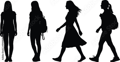 Female silhouette collection of women standing and walking with backpack, modern girl character figures isolated vector illustration on white background