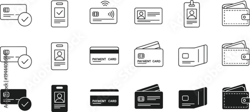 Payment card and digital identification icon set with credit cards, ID badges, wallet and contactless payment symbols illustration