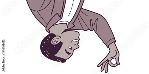 Man doing handstand with one hand cartoon white background