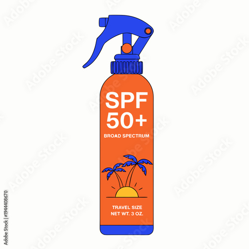 Orange sunscreen bottle with blue spray and palm trees on white background