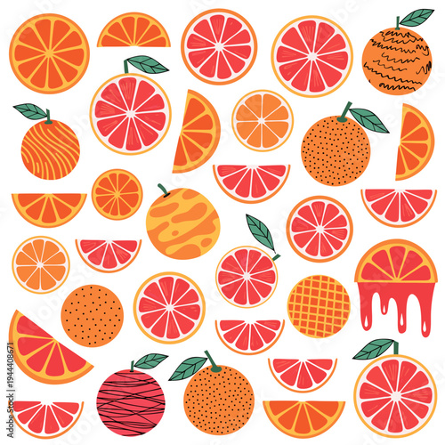 Orange and red citrus fruits and slices oranges grapefruits