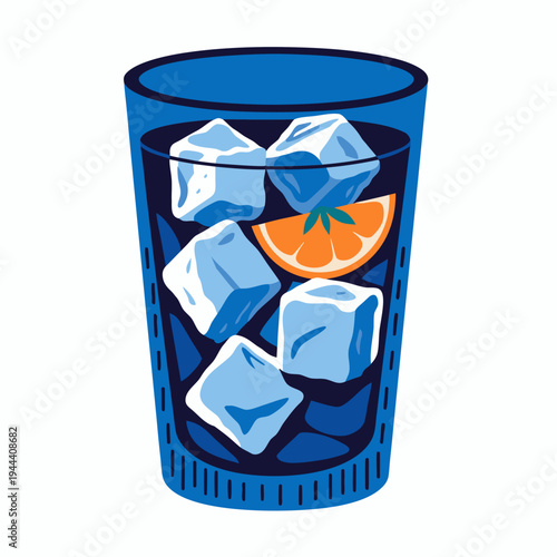 Blue glass with ice cubes and orange slice on white background