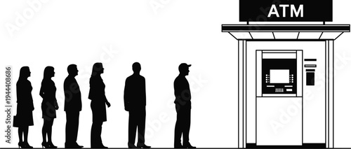 People standing in queue at ATM machine silhouette, banking service concept with customers waiting to withdraw cash illustration